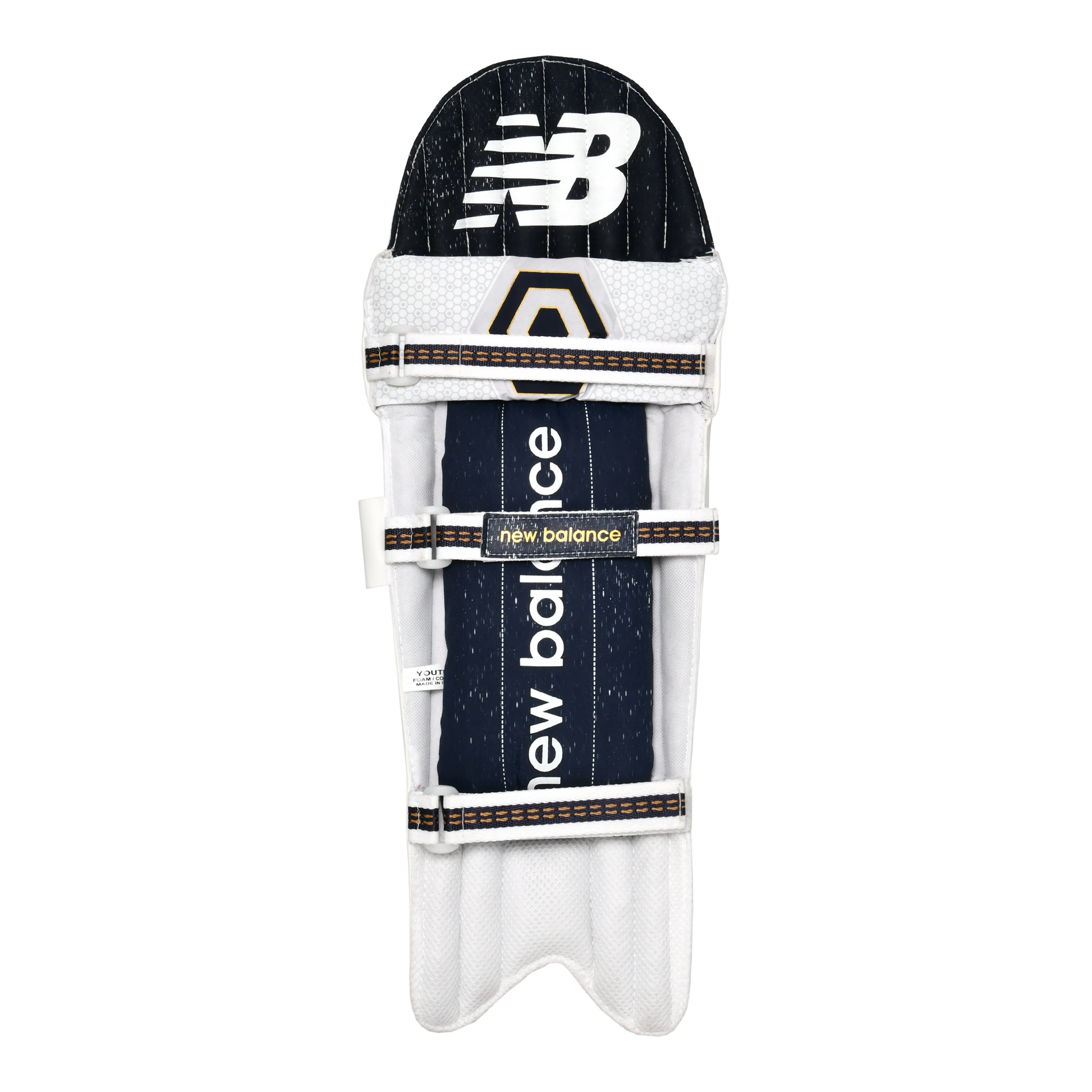 Rear view of New Balance DC 200 batting pad showing nylon straps and Cashmilon bolster.