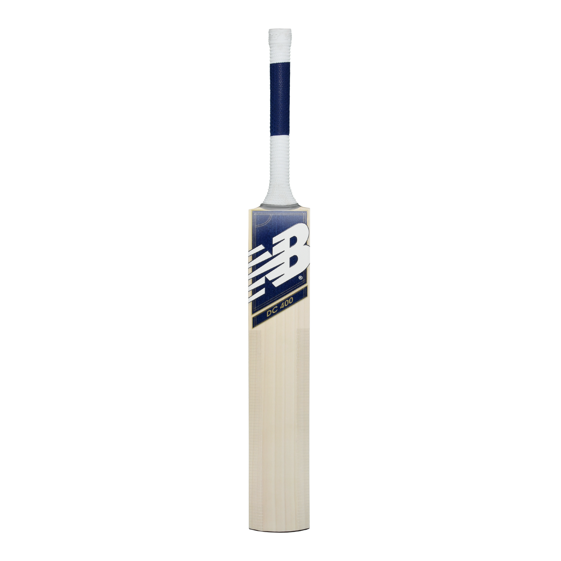 Front view of the New Balance DC 400 junior cricket bat showing DC branding and blade face.
