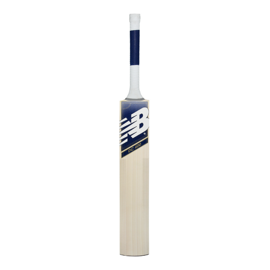 Front view of the New Balance DC 400 junior cricket bat showing DC branding and blade face.