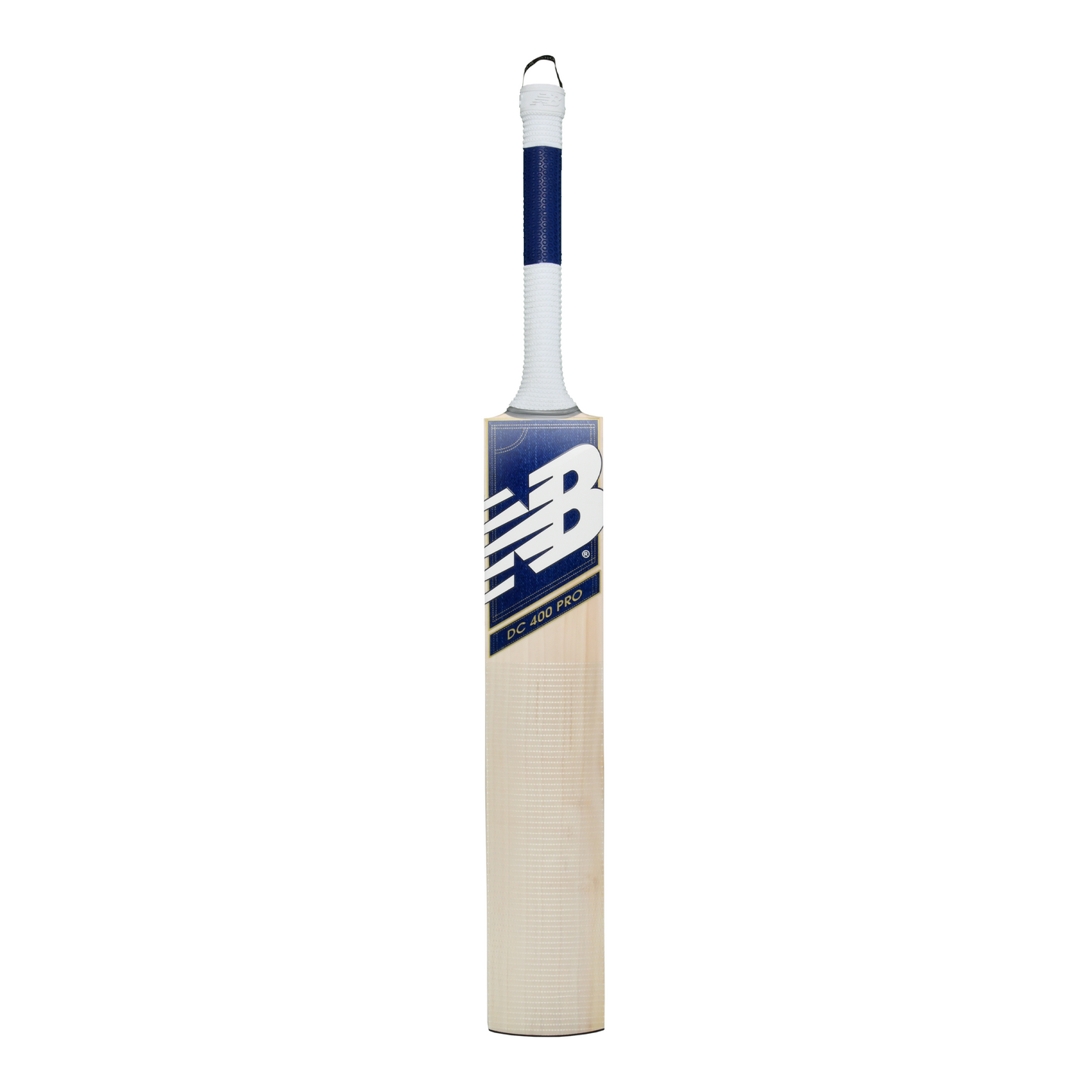 Front view of the New Balance DC 400 PRO cricket bat showing DC branding and blade profile.
