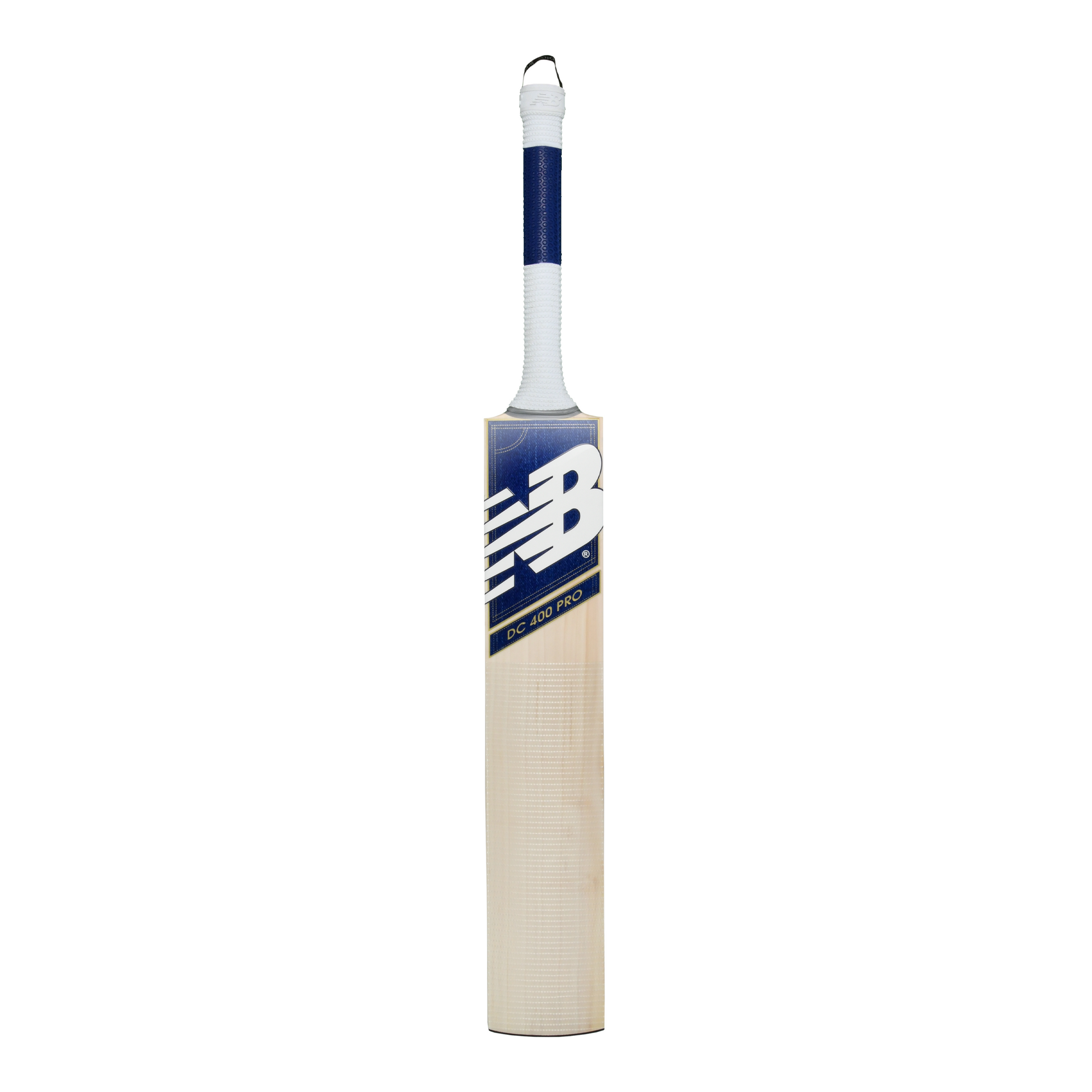 Front view of the New Balance DC 400 PRO cricket bat showing DC branding and blade profile.