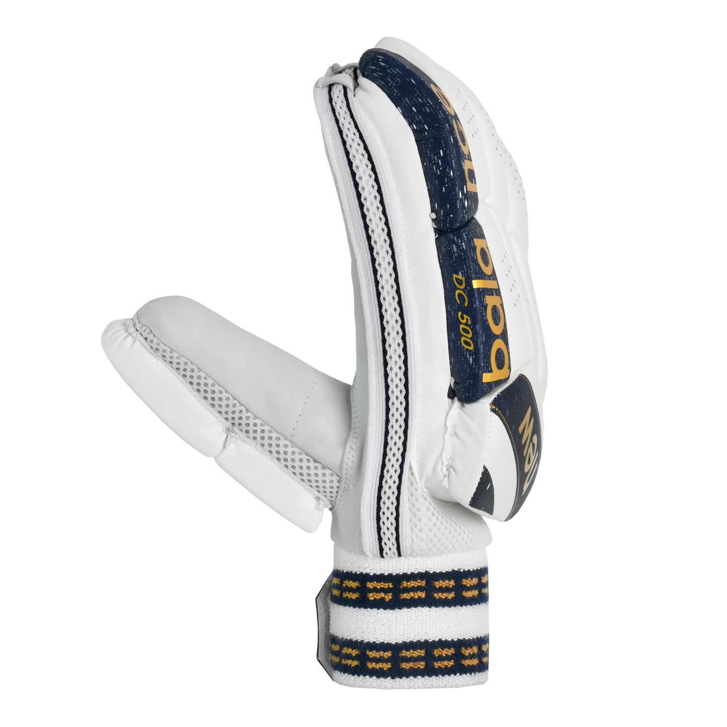 Side profile of New Balance DC 500 batting gloves highlighting finger protection and flexible construction.