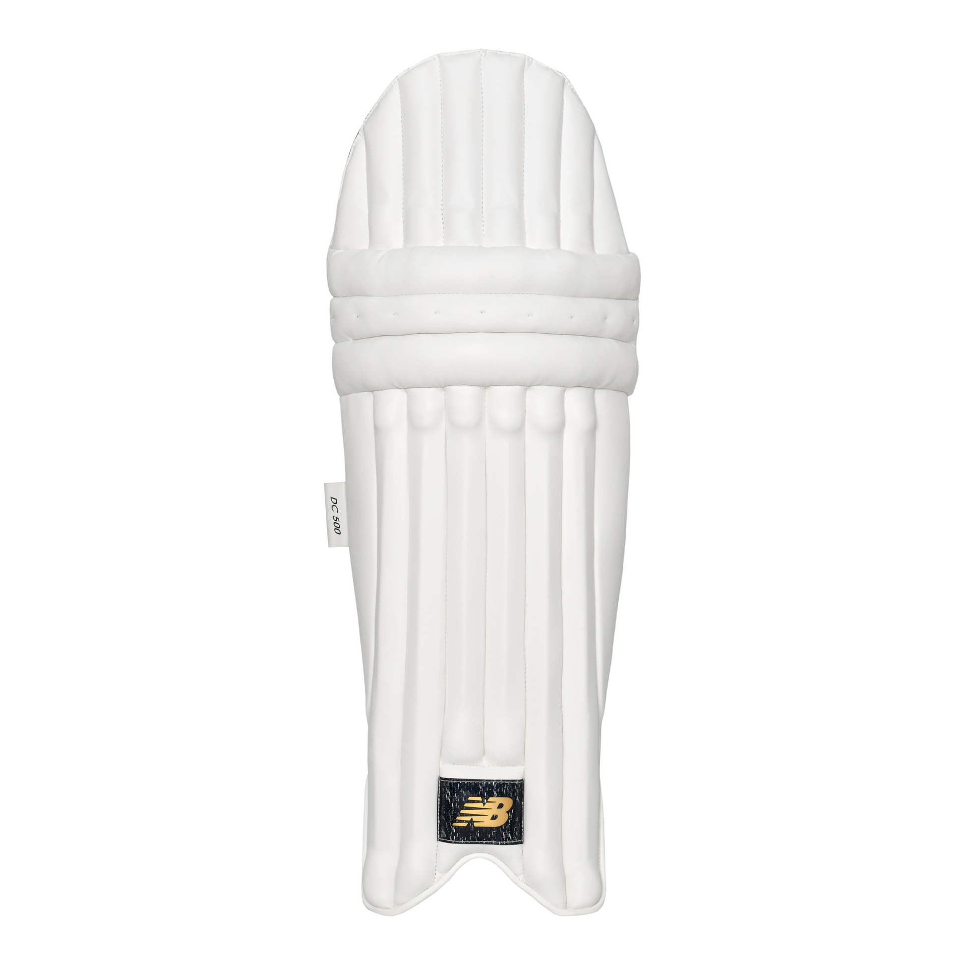 Front view of New Balance DC 500 batting pad showing dual wing design and PU front facing.