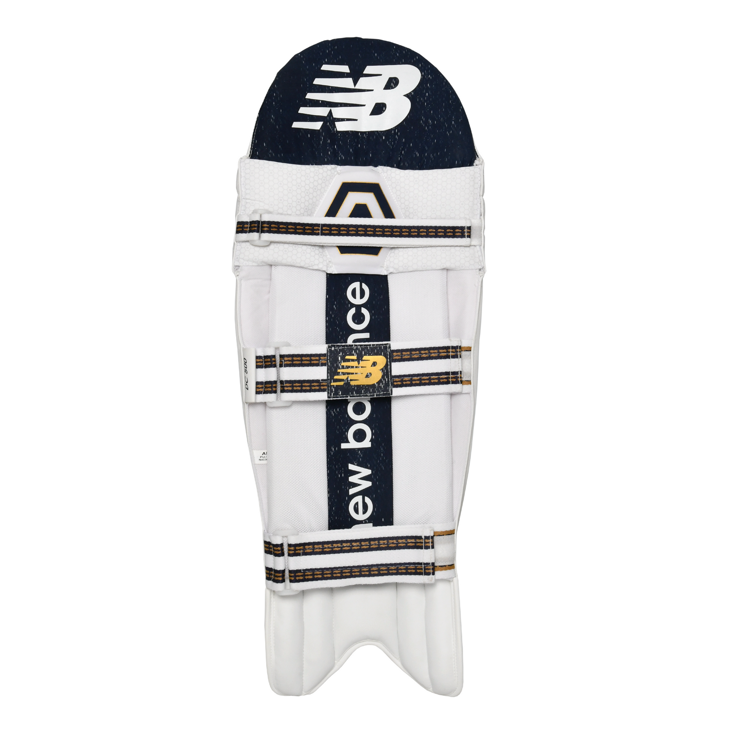 Rear view of New Balance DC 500 batting pad highlighting nylon straps and vertical bolster padding.