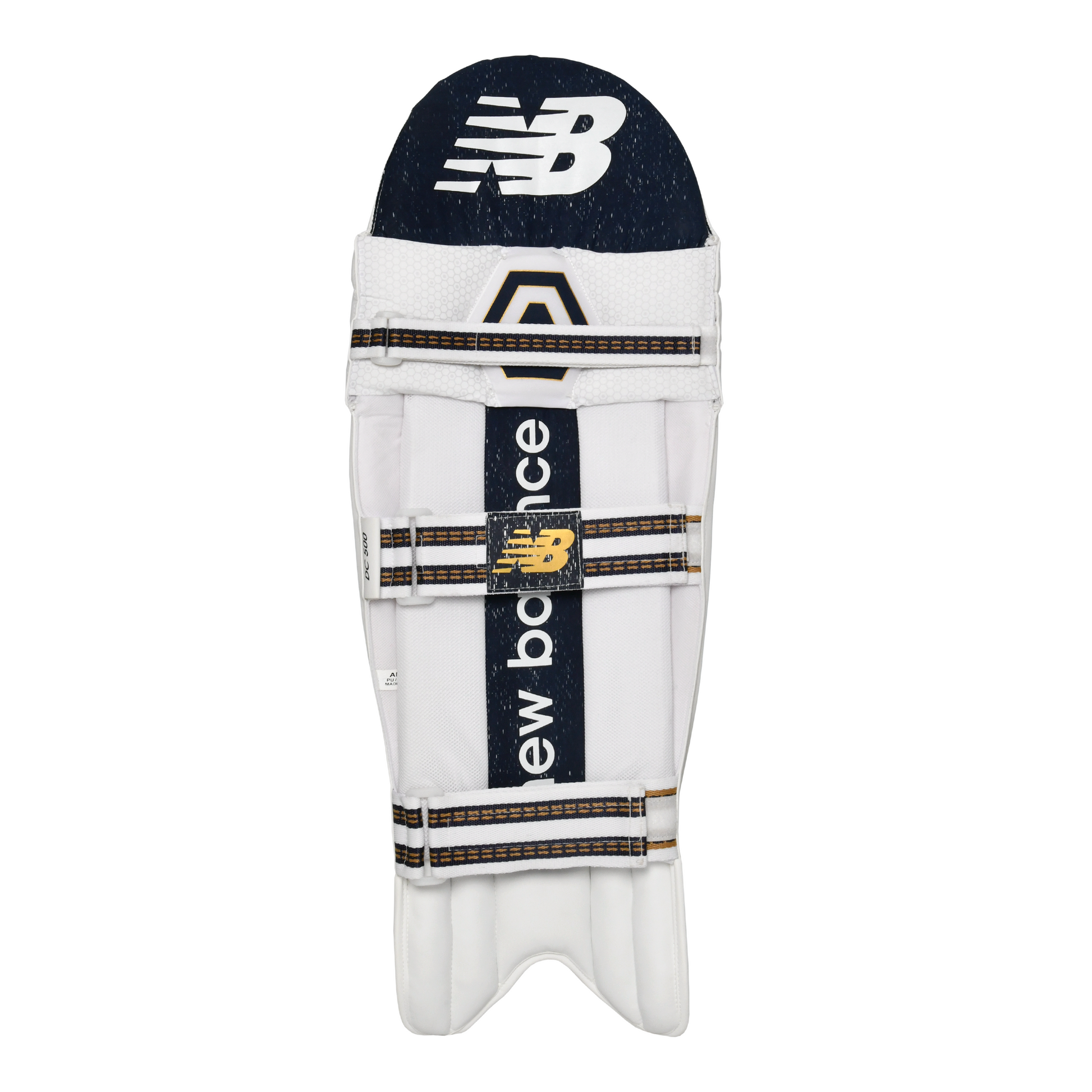 Rear view of New Balance DC 500 batting pad highlighting nylon straps and vertical bolster padding.