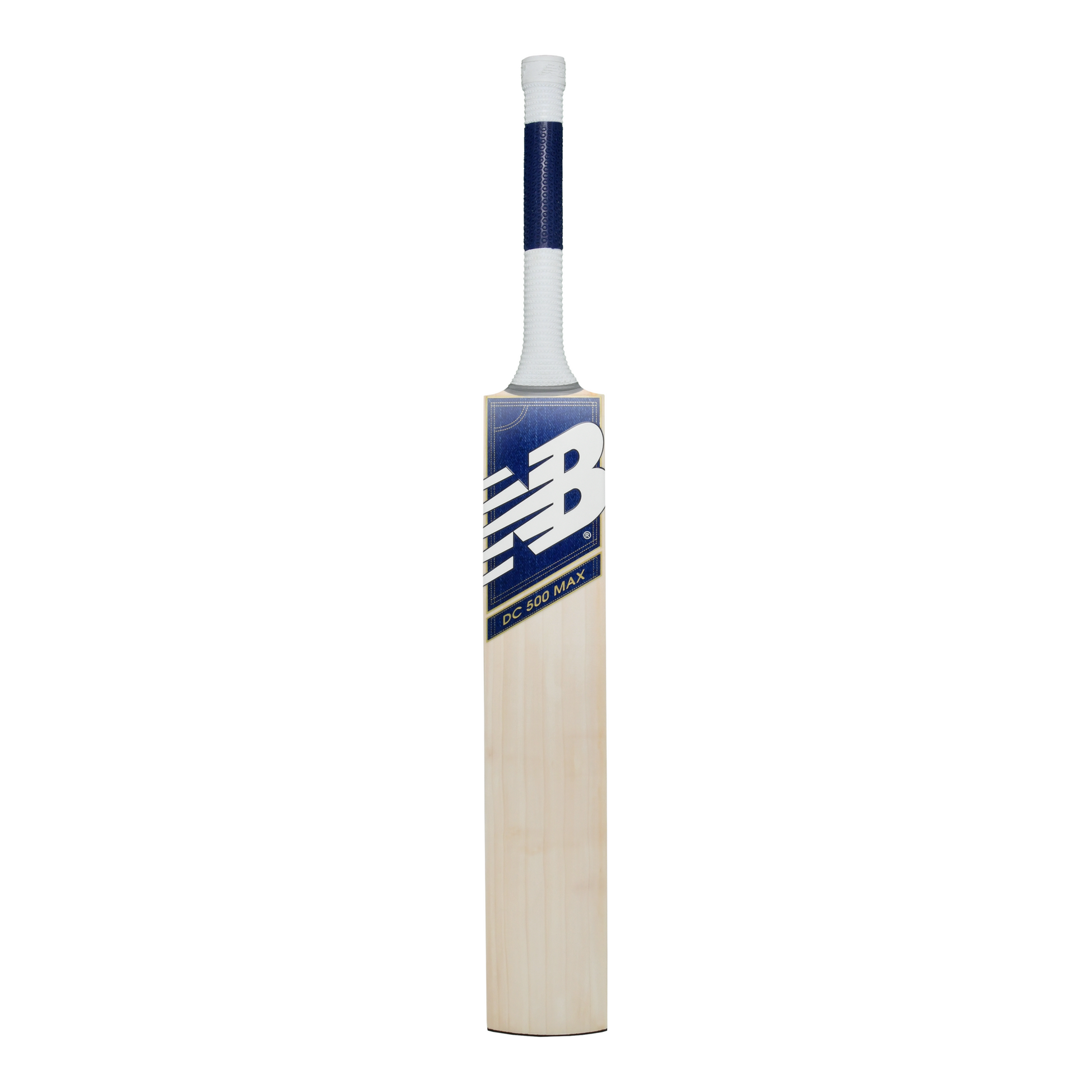 Front view of the New Balance DC 500 MAX cricket bat showing DC branding and blade profile.
