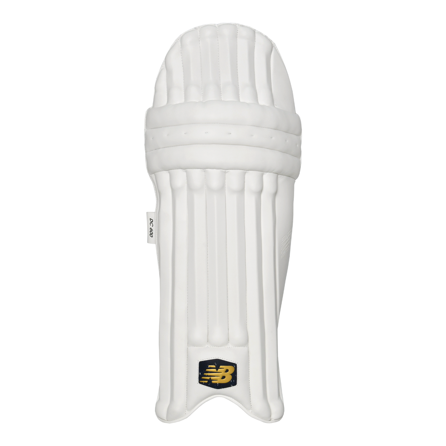 Front view of New Balance DC 600 batting pad showing seven-bar PU construction and lightweight design.