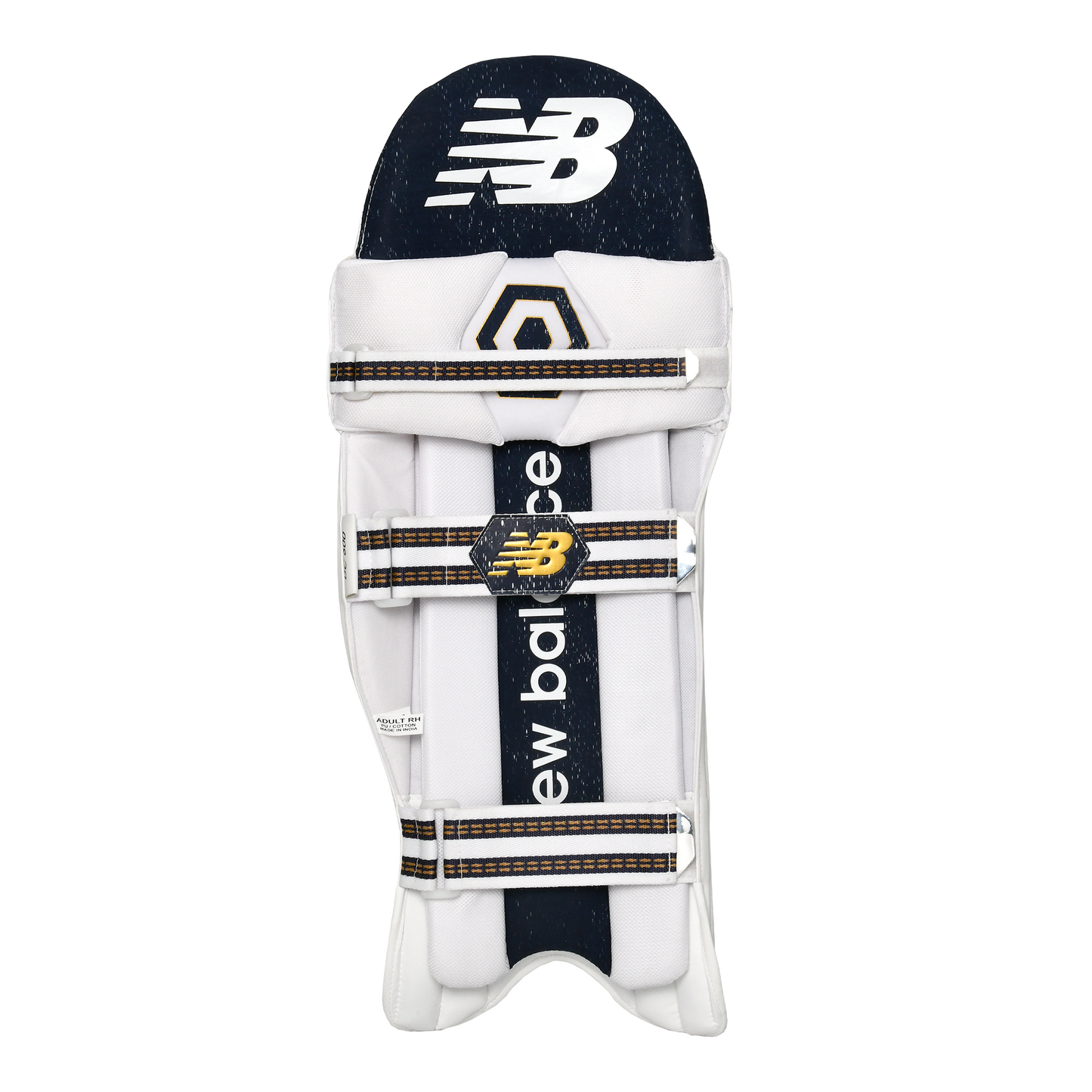 Rear view of New Balance DC 600 batting pad showing nylon straps and vertical bolster padding.