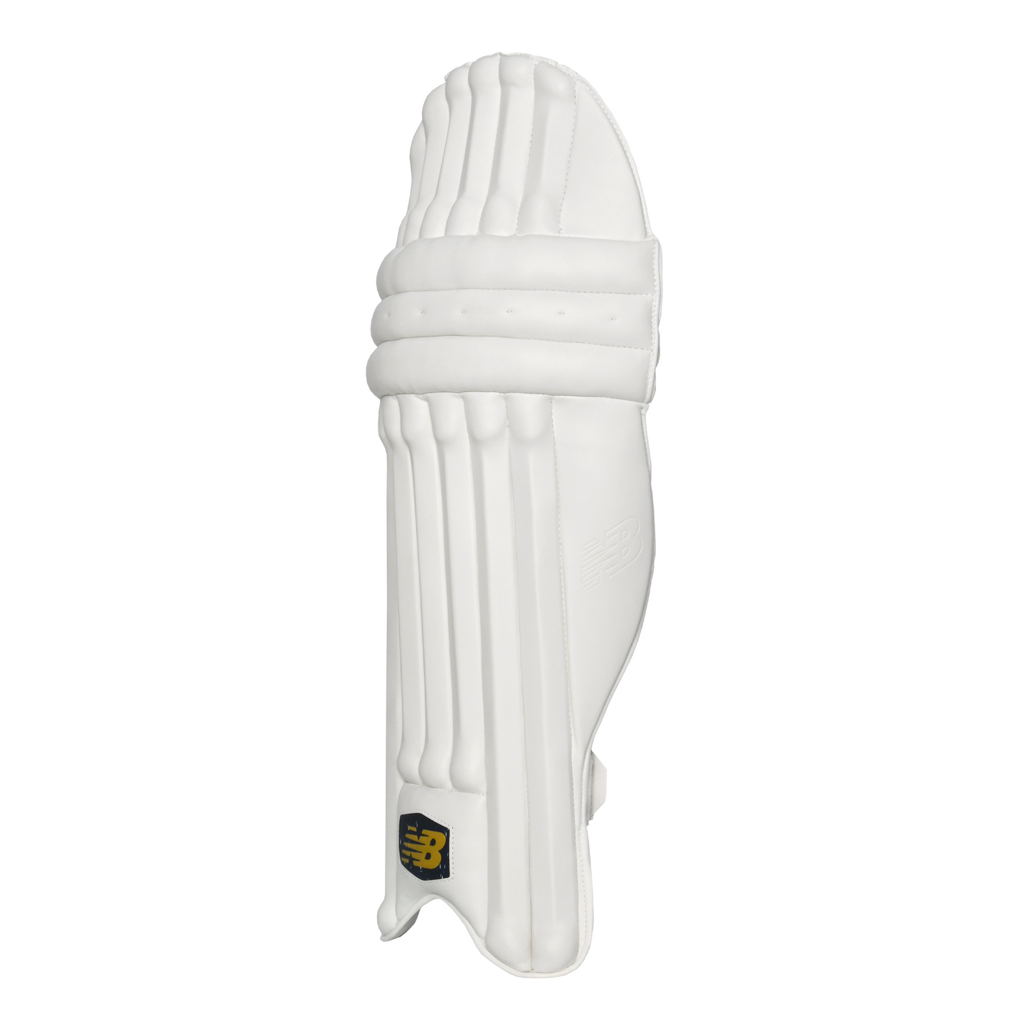 Side profile of New Balance DC 600 batting pad highlighting knee roll shape and instep protection.