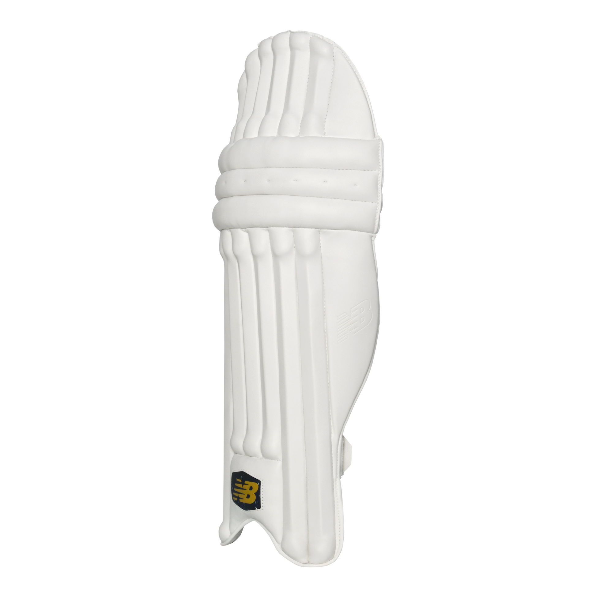 Side profile of New Balance DC 600 batting pad highlighting knee roll shape and instep protection.