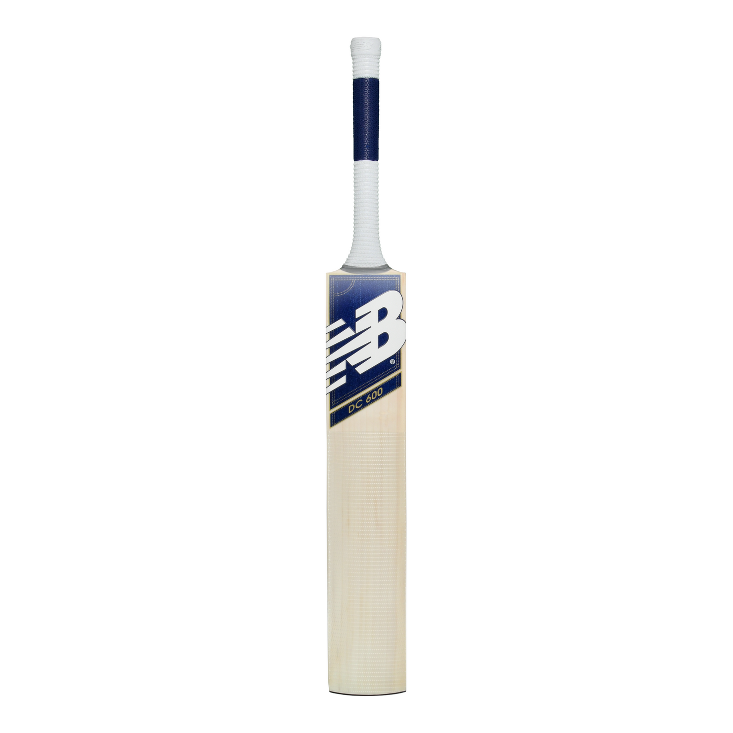 Front view of the New Balance DC 600 junior cricket bat showing DC branding and fibre face.
