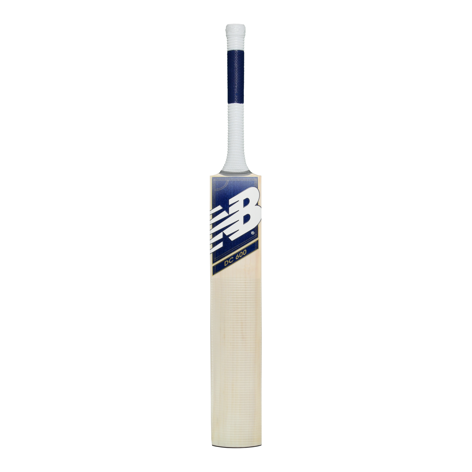 Front view of the New Balance DC 600 junior cricket bat showing DC branding and fibre face.