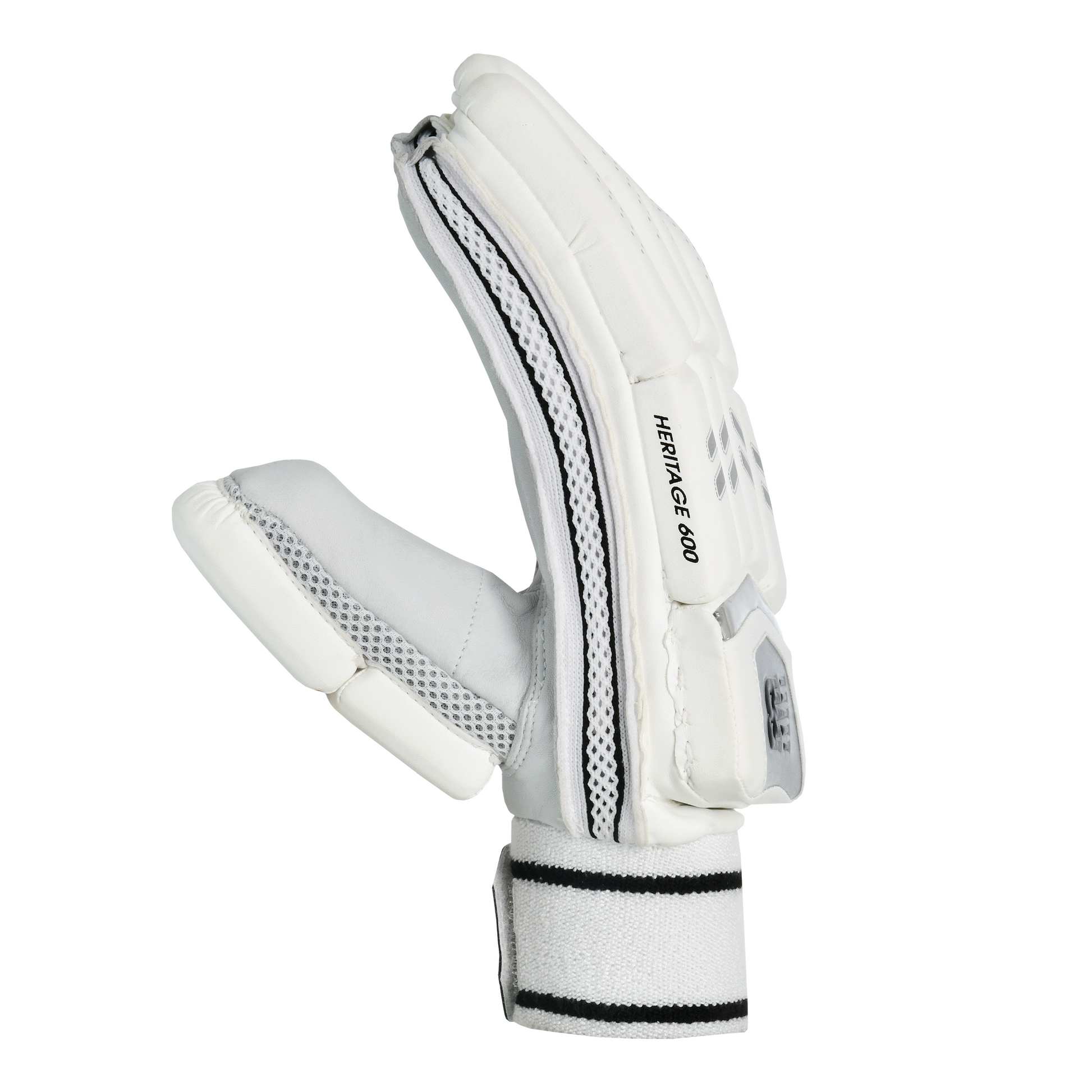 Side profile of New Balance Heritage 600 batting gloves highlighting finger protection and flexible construction.
