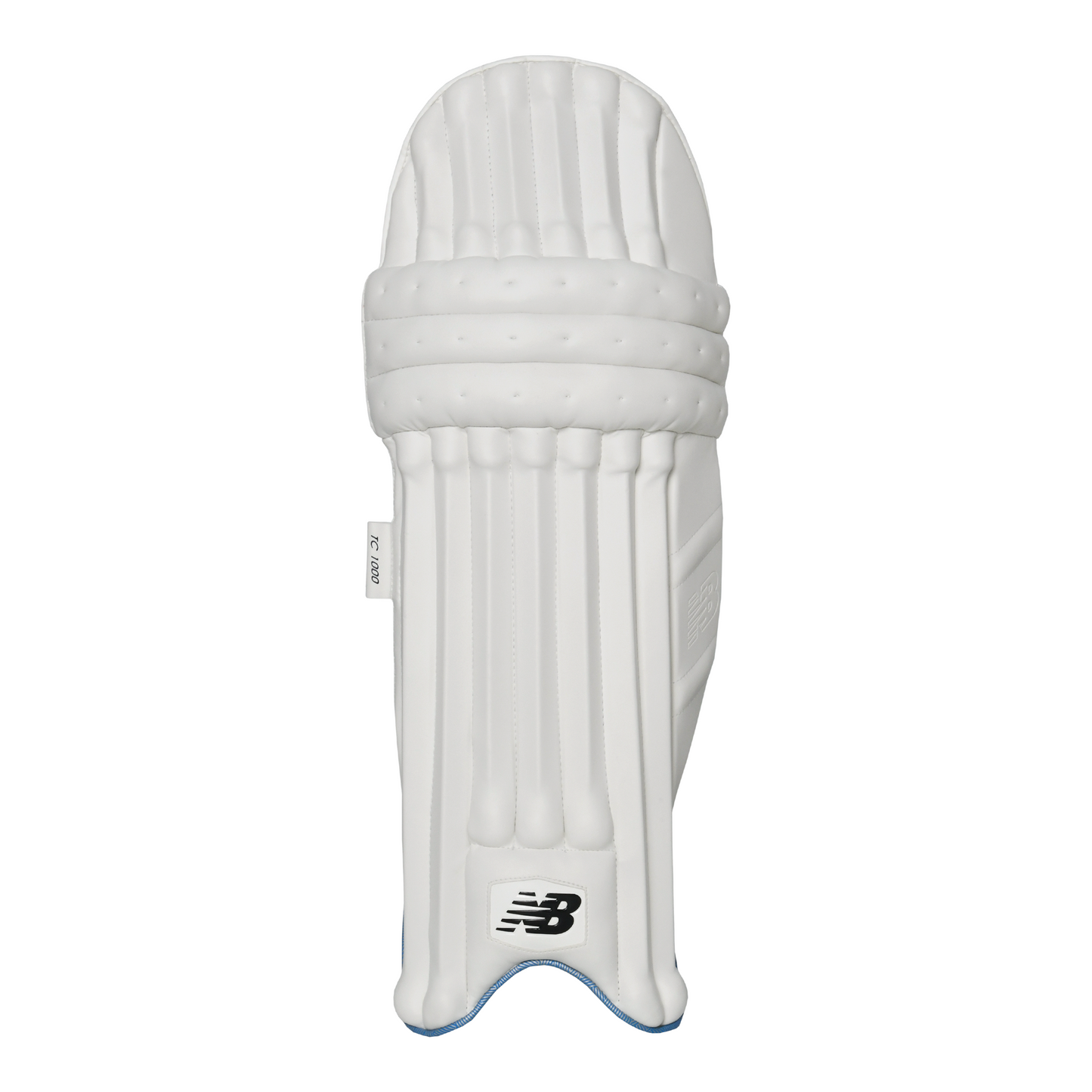 Front view of New Balance TC 1000 batting pad showing seven-bar PU construction and modern profile.