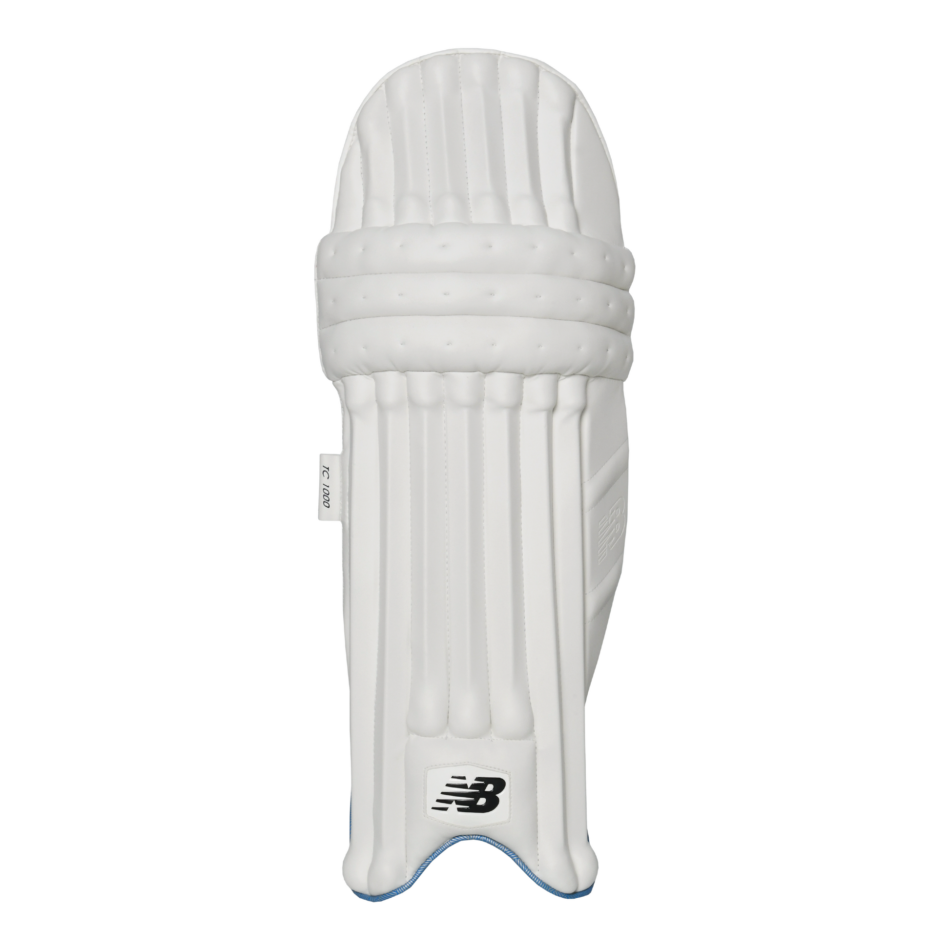 Front view of New Balance TC 1000 batting pad showing seven-bar PU construction and modern profile.