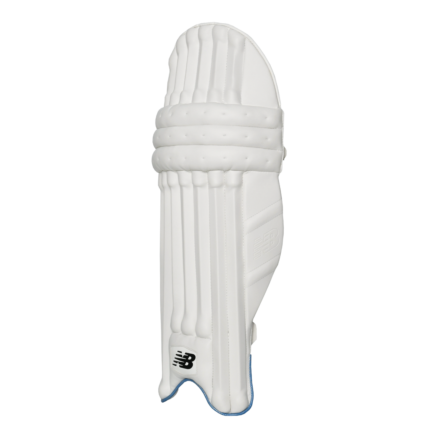 Side profile of New Balance TC 1000 batting pad highlighting knee roll shape and instep protection.