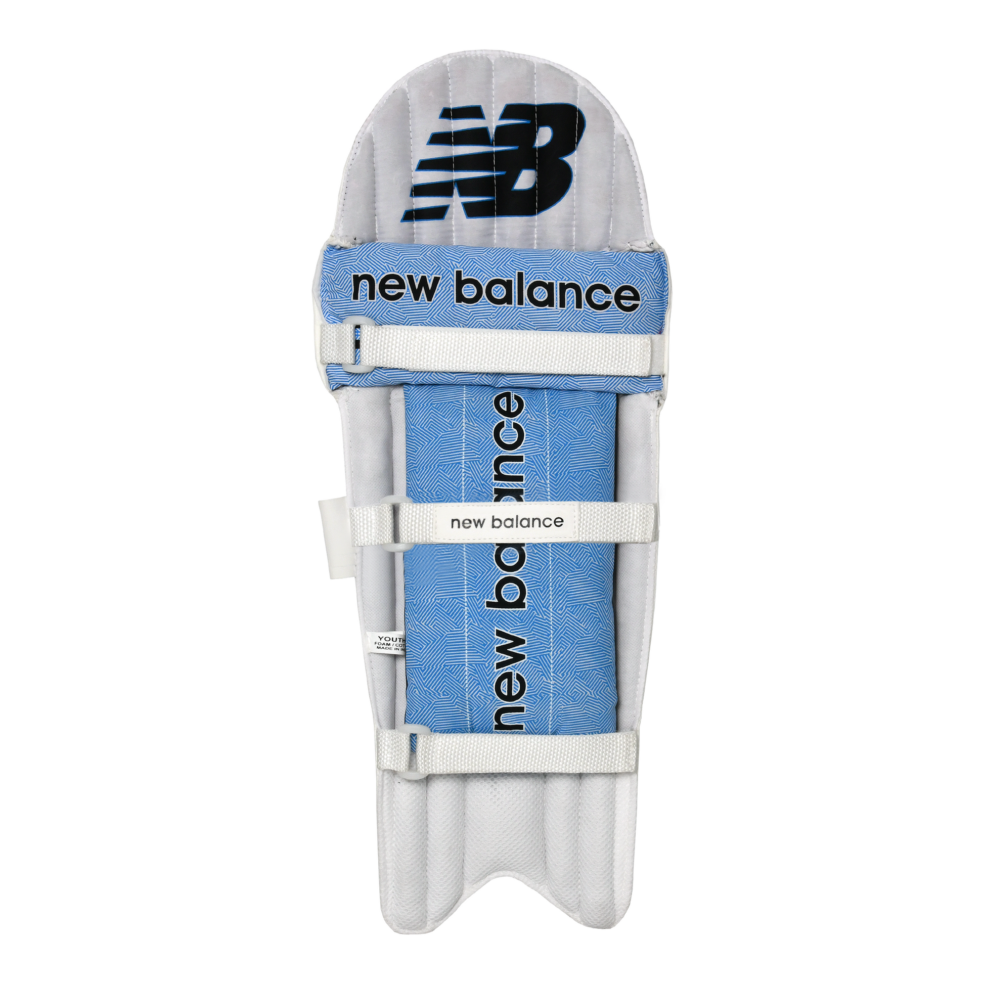 Rear view of New Balance TC 200 batting pad showing nylon straps and Cashmilon bolster system.