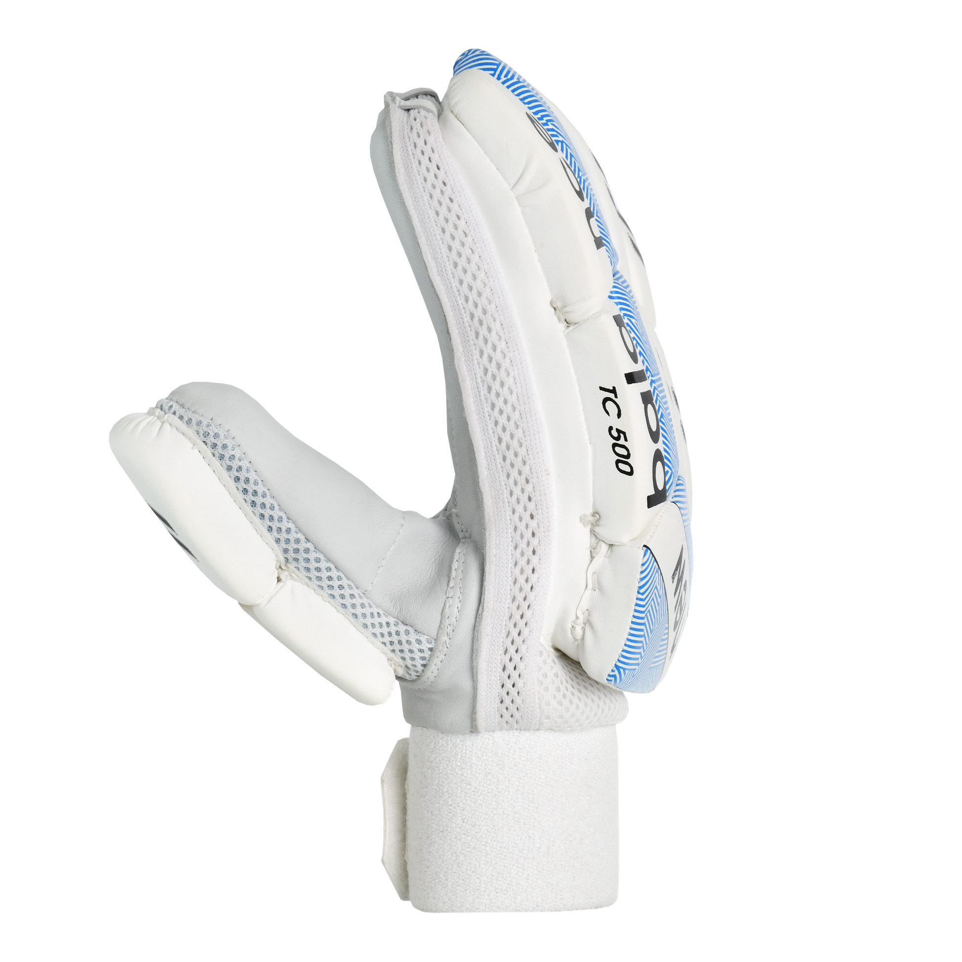 Side profile of New Balance TC 500 batting gloves highlighting finger protection and flexible construction.