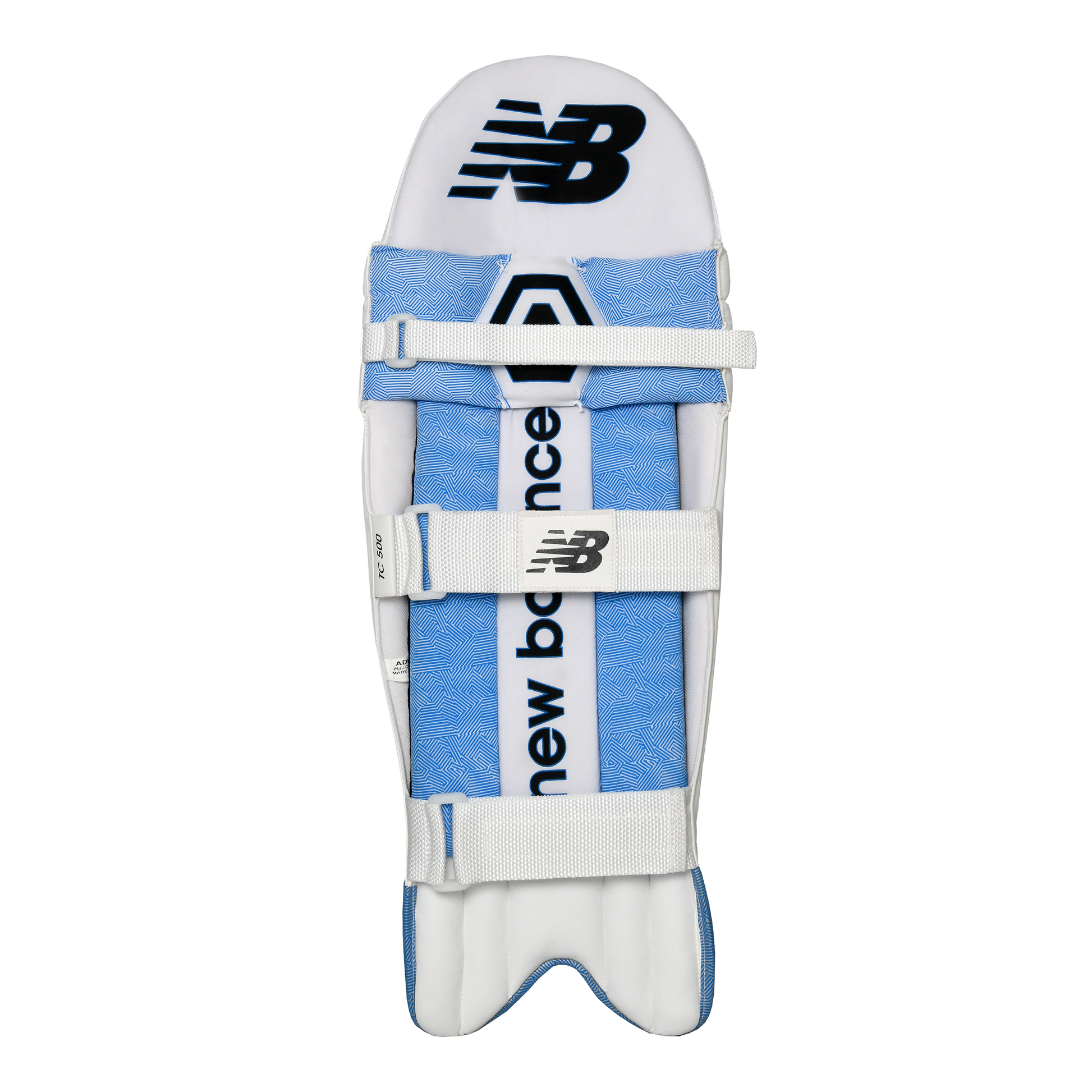 Rear view of New Balance TC 500 batting pad highlighting nylon straps and vertical bolster padding.