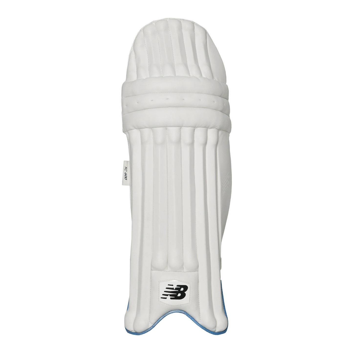 Front view of New Balance TC 600 batting pad showing modern seven-bar PU construction.