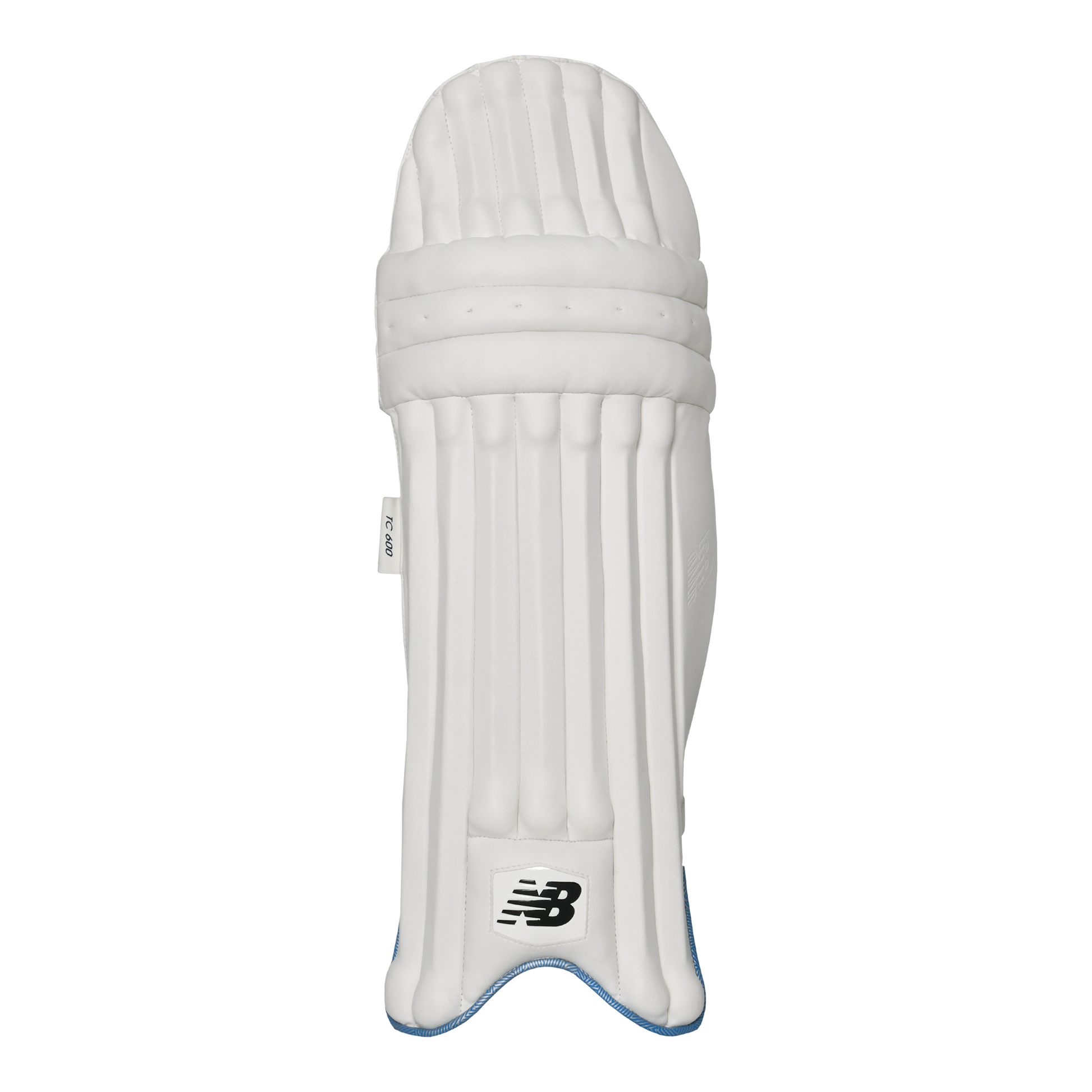 Front view of New Balance TC 600 batting pad showing modern seven-bar PU construction.