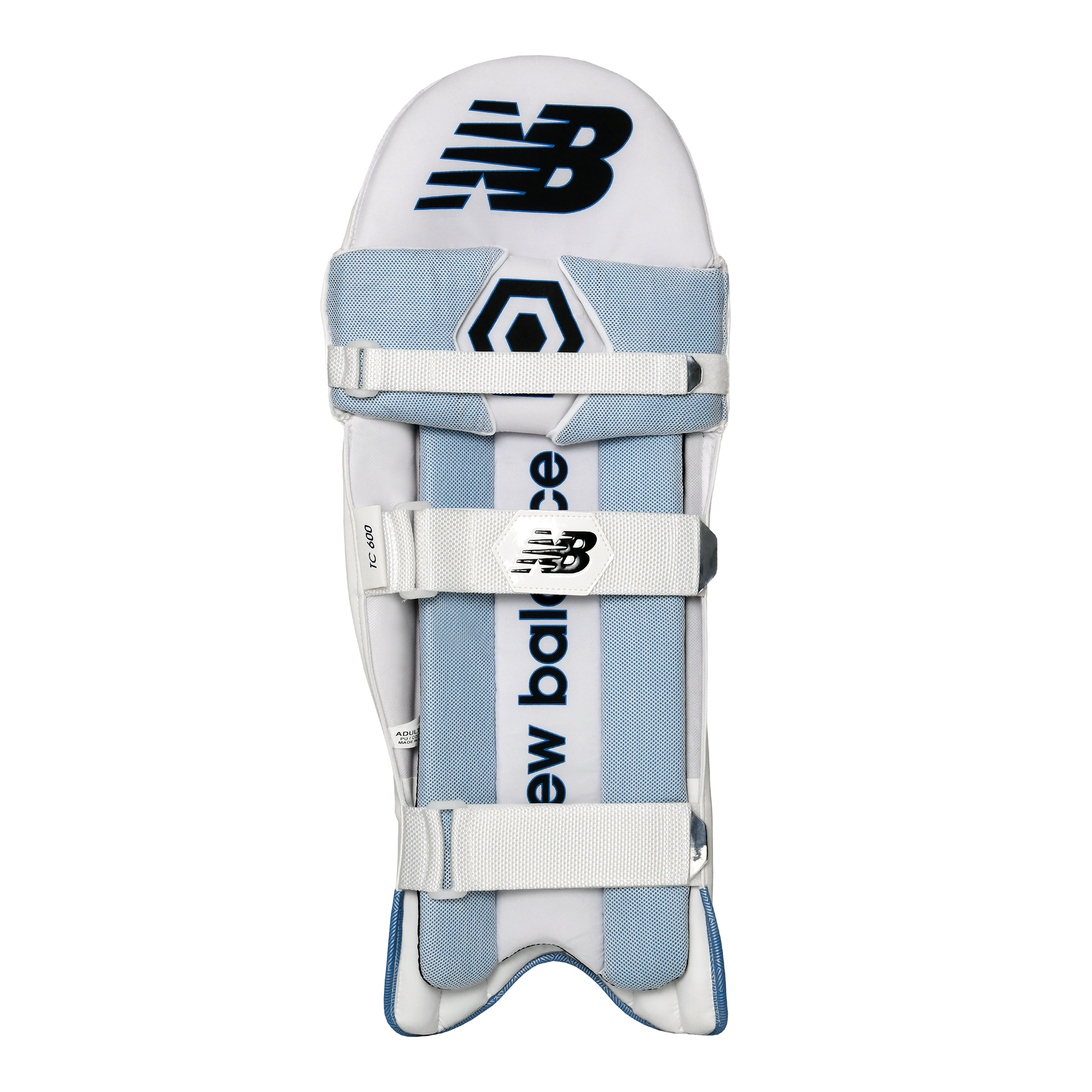 Rear view of New Balance TC 600 batting pad highlighting cushioned nylon straps and vertical bolster.