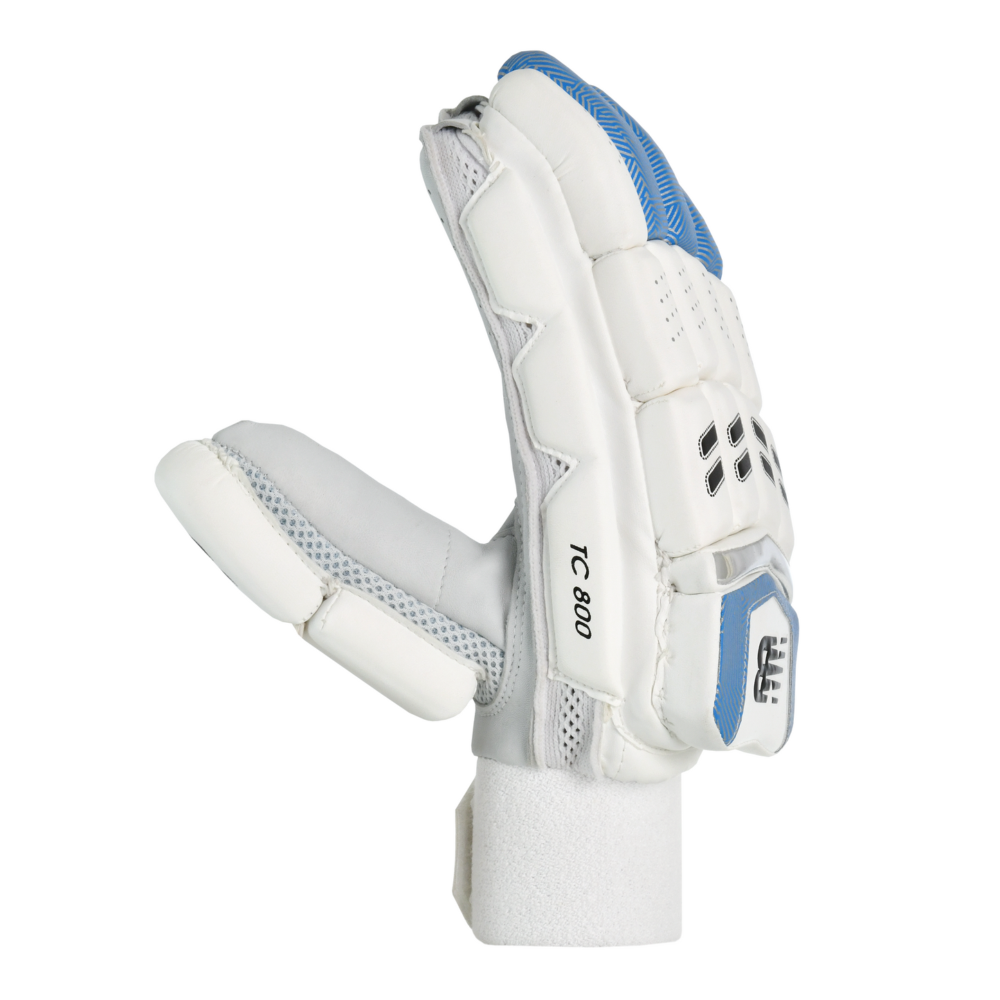 Side profile of New Balance TC 800 batting gloves highlighting finger protection and side bar padding.