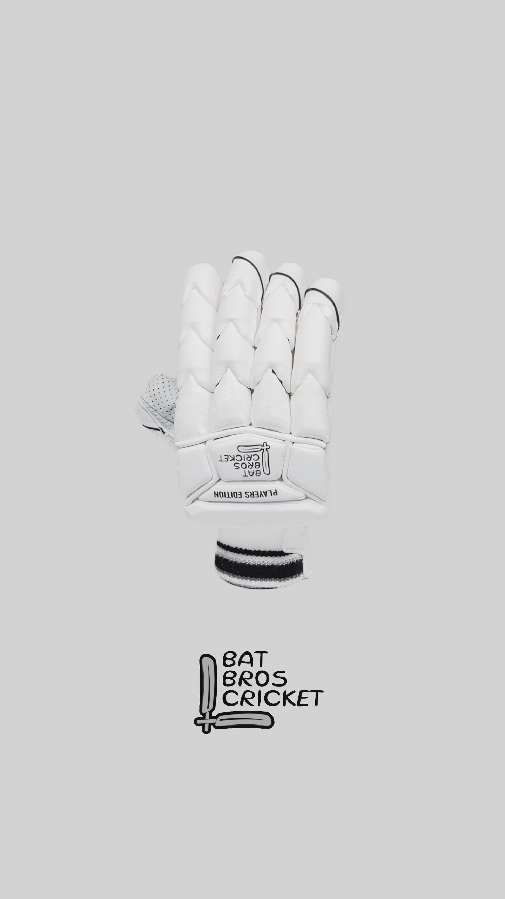 360-degree rotating view of Bat Bros Cricket Players Edition Batting Gloves showcasing design, fit, and premium materials