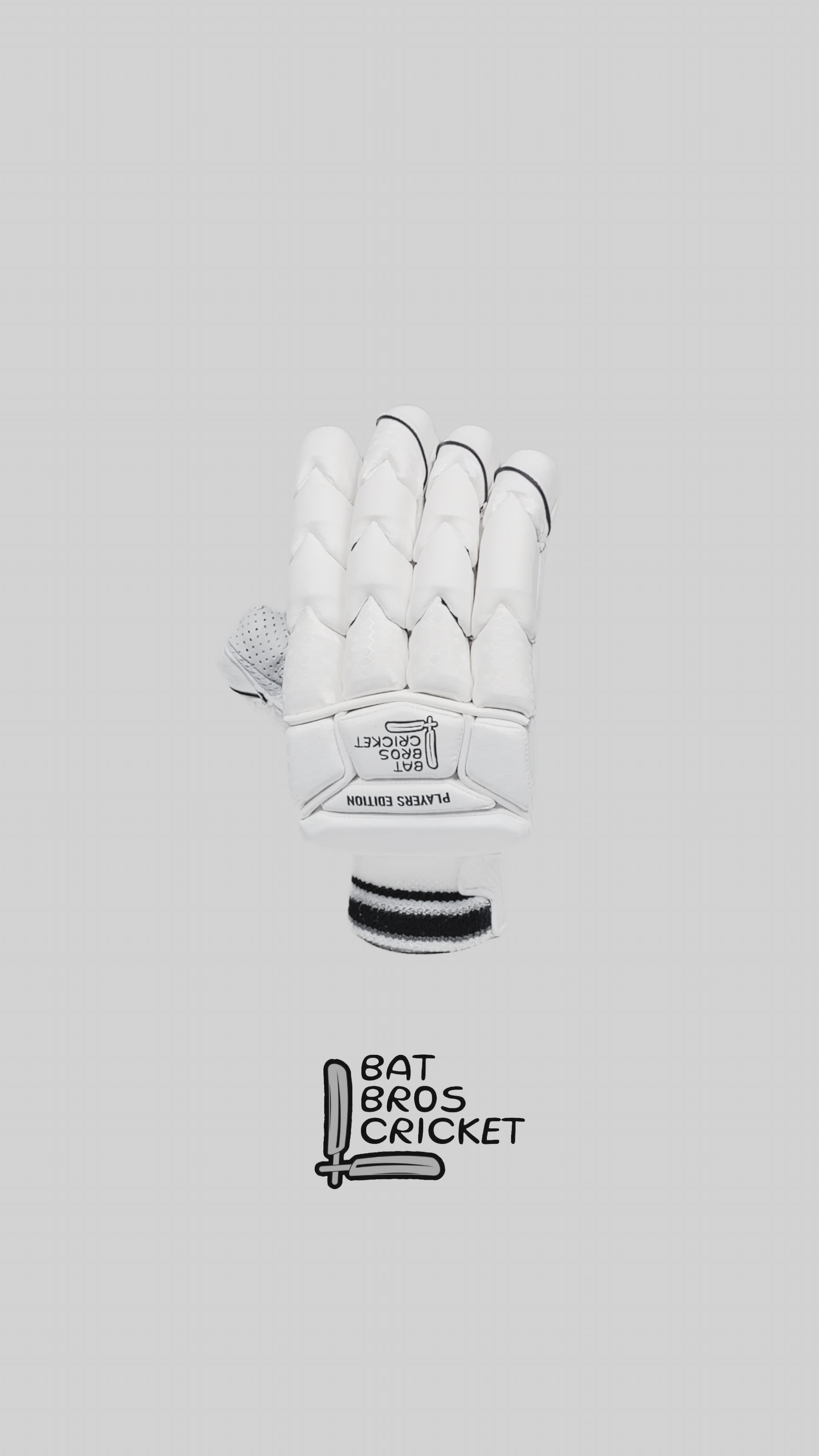 360-degree rotating view of Bat Bros Cricket Players Edition Batting Gloves showcasing design, fit, and premium materials