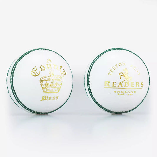 Pair of Readers County Crown white leather cricket balls for men – premium match or training use with gold embossed crown and seam detailing