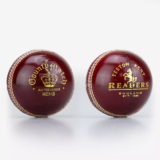 Readers County Match men's red leather cricket balls with gold crown branding and hand-stitched seam