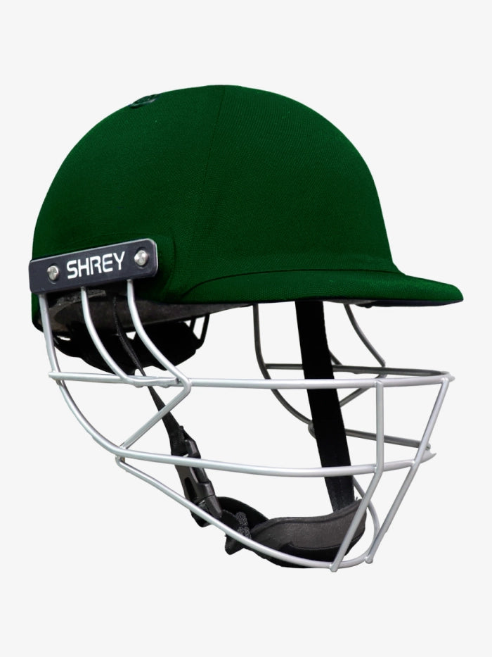 Shrey Classic 2.0 Steel Senior Batting Helmet in Green – sturdy ABS shell and steel grille protection.