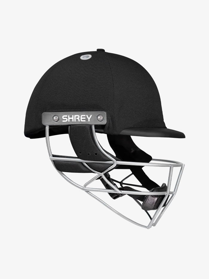 Shrey Elite Pro Stainless Steel Fixed Visor Senior Batting Helmet in black with stainless steel grill.