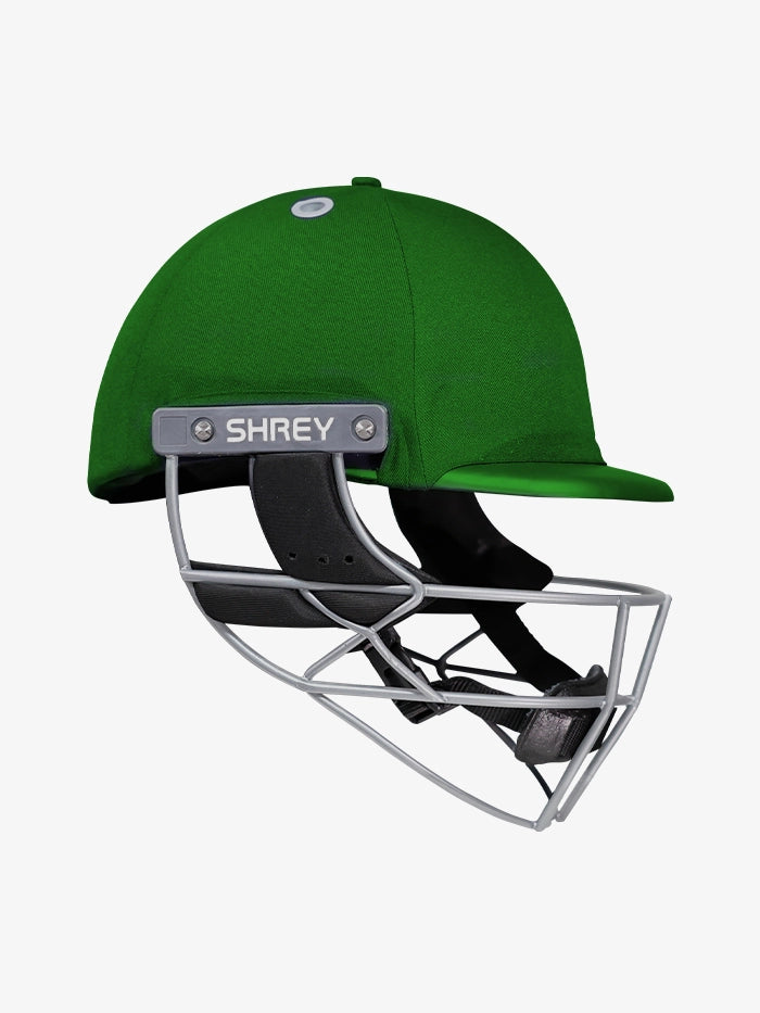 Shrey Elite Pro Stainless Steel Fixed Visor Senior Batting Helmet in green with stainless steel grill.