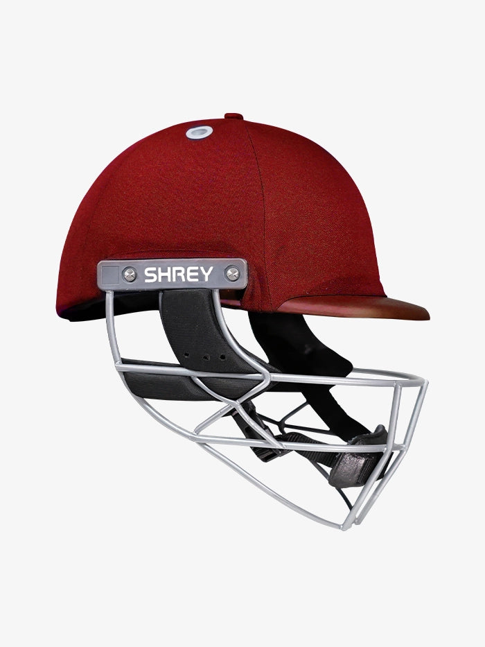 Shrey Elite Pro Stainless Steel Fixed Visor Senior Batting Helmet in maroon with stainless steel grill.