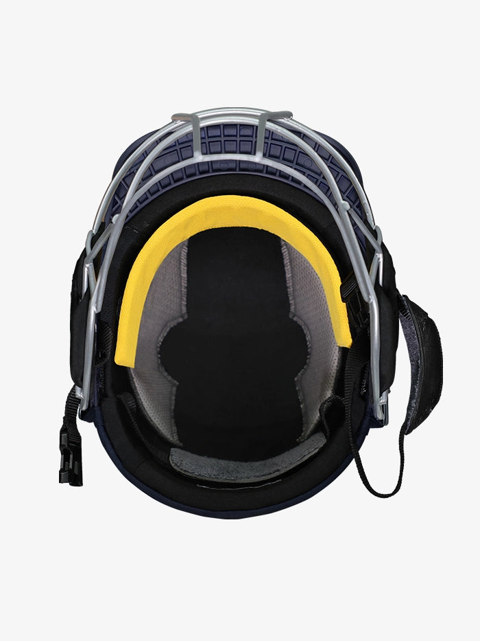 Inside view of Shrey Elite Pro Stainless Steel Fixed Visor Senior Batting Helmet showing padding and ventilation system.