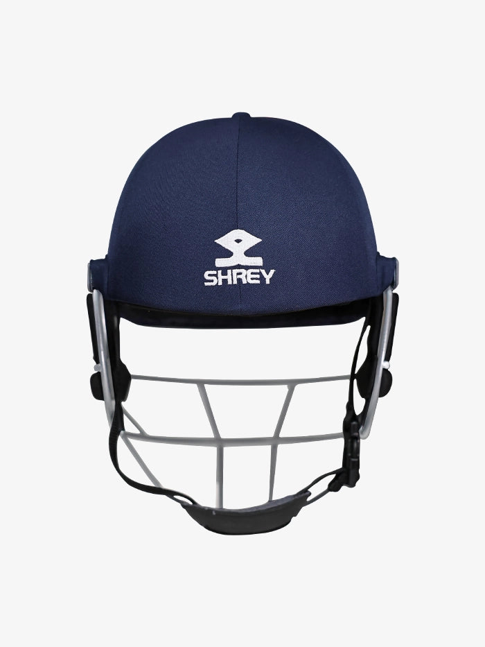 Rear view of Shrey Elite Pro Stainless Steel Fixed Visor Senior Batting Helmet in navy blue showing grill and logo.