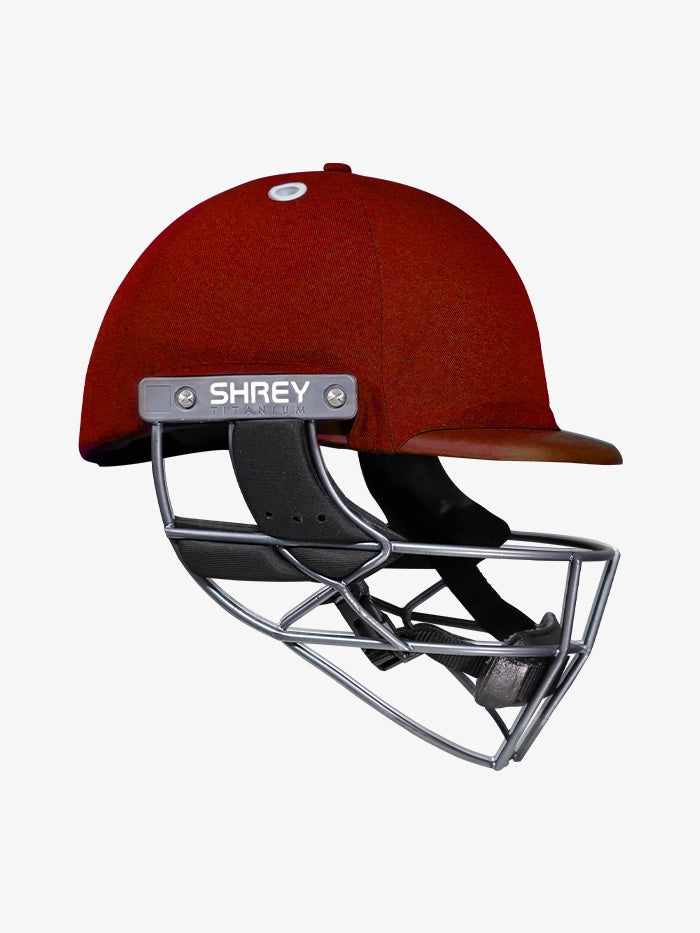 Shrey Elite Pro Titanium Fixed Visor Senior Batting Helmet in maroon with titanium grill.