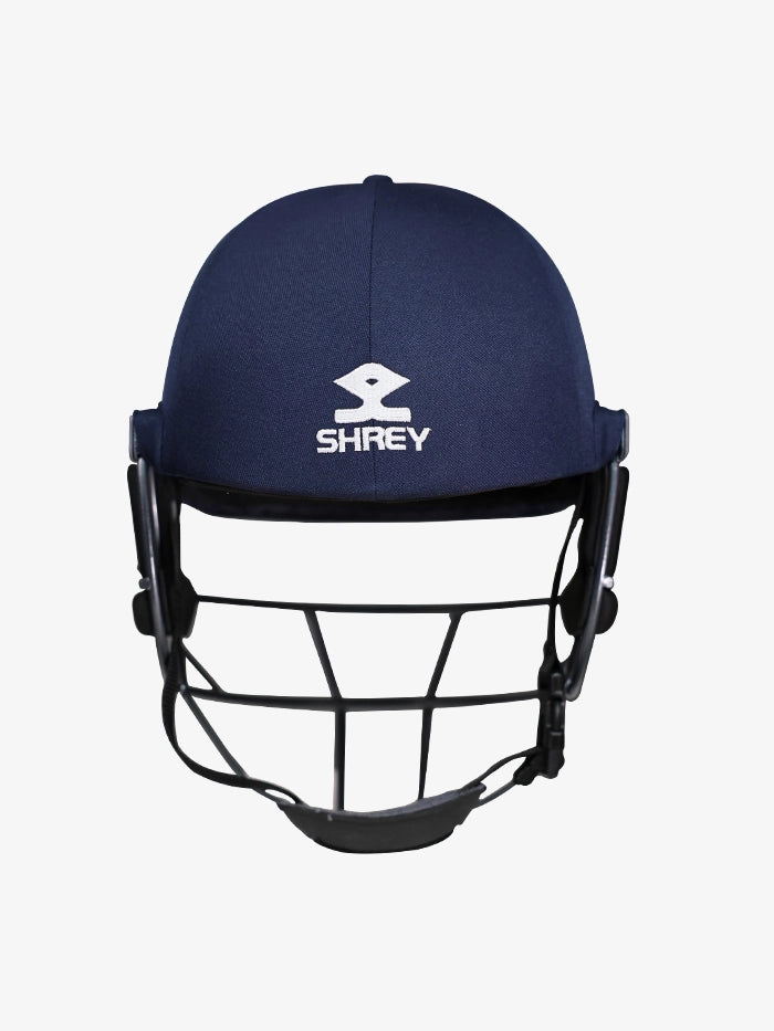 Rear view of Shrey Elite Pro Titanium Fixed Visor Senior Batting Helmet in navy blue with titanium grill.