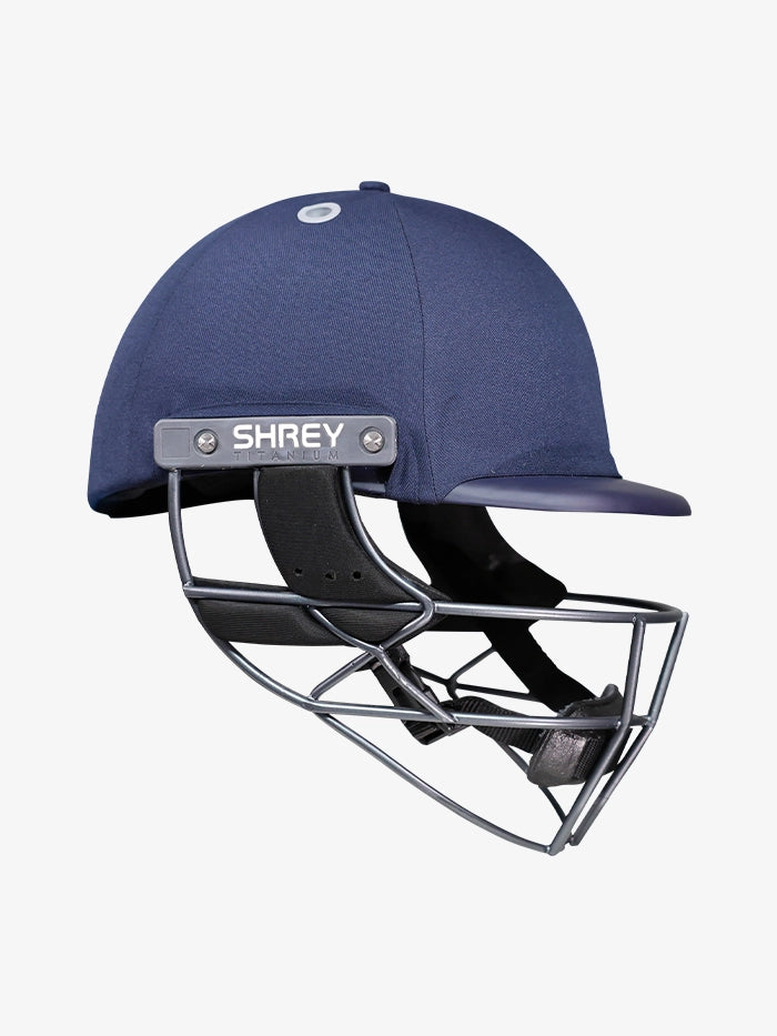 Shrey Elite Pro Titanium Fixed Visor Senior Batting Helmet in navy blue, side profile view.