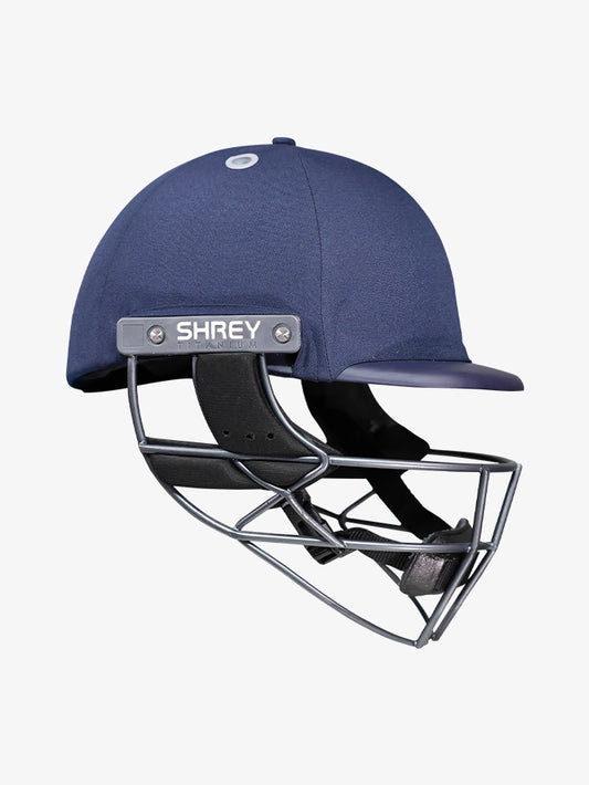Shrey Elite Pro Titanium Fixed Visor Senior Batting Helmet in navy blue, side profile view.