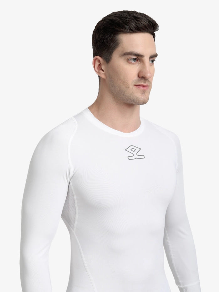 Shrey Intense Baselayer Long Sleeve Top white angled side view showing stretch fabric and athletic fit