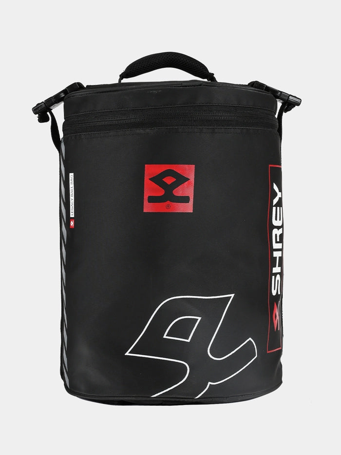 Front view of Shrey Legacy Ball Bag in black with red logo and gloss finish