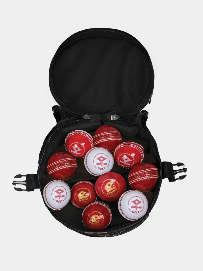 Open top showing cricket balls stored neatly inside the bag