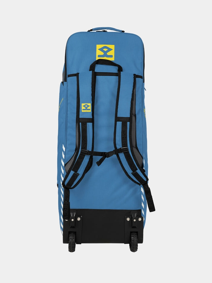 Rear view showing wheels and pull handle of Shrey Legacy Duffle Wheelie 120