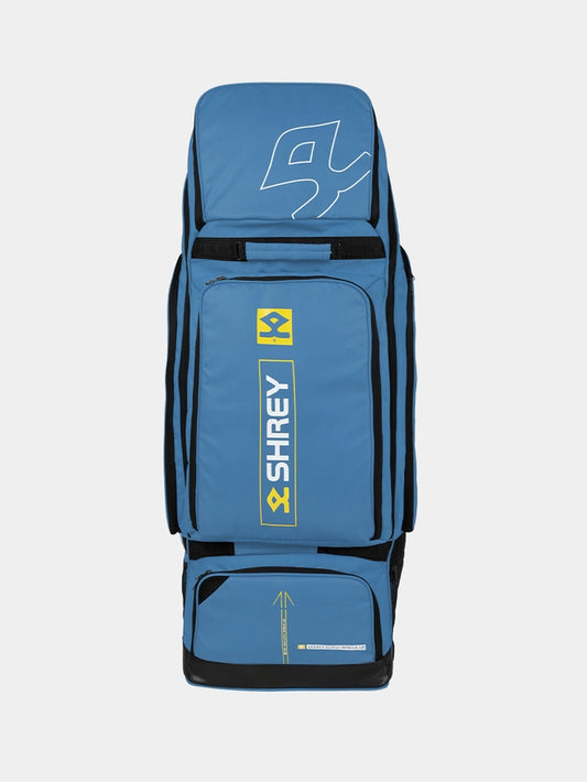 Front view of the Shrey Legacy Duffle Wheelie 120 cricket bag in steel blue