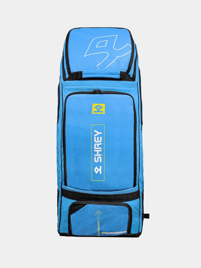 Front view of Shrey Legacy Duffle Wheelie 80 Cricket Bag in blue
