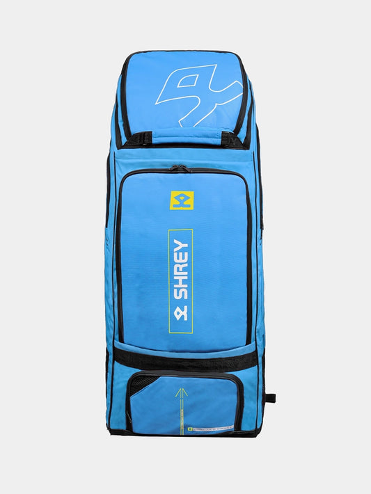 Front view of Shrey Legacy Duffle Wheelie 80 Cricket Bag in blue