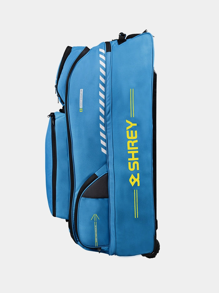 Side panel view of blue Shrey kit bag with branding