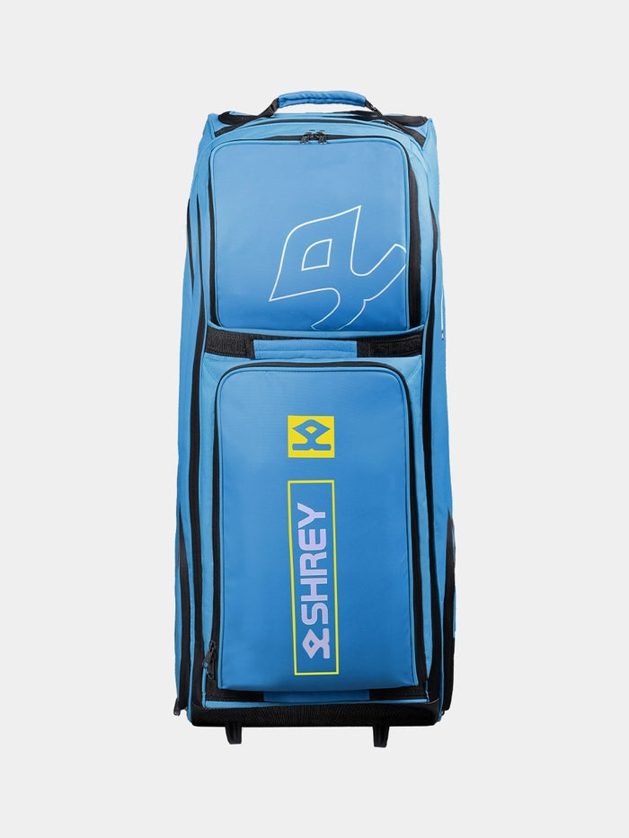 Front view of Shrey Legacy Wheelie 150 Cricket Kit Bag in steel blue